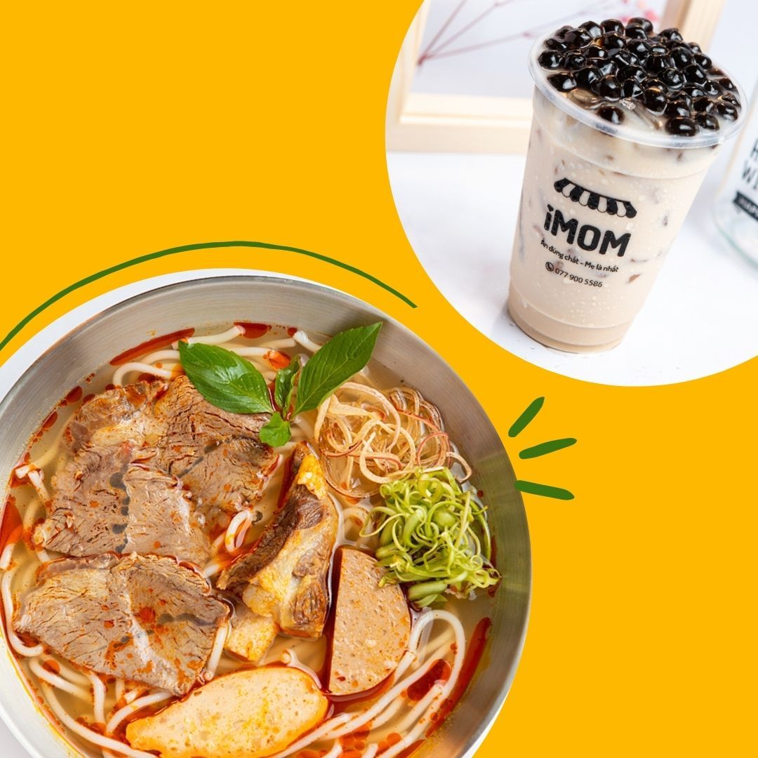 Bún Bò Huế nạm chả + Trà Sữa trân châu iMOM (M)