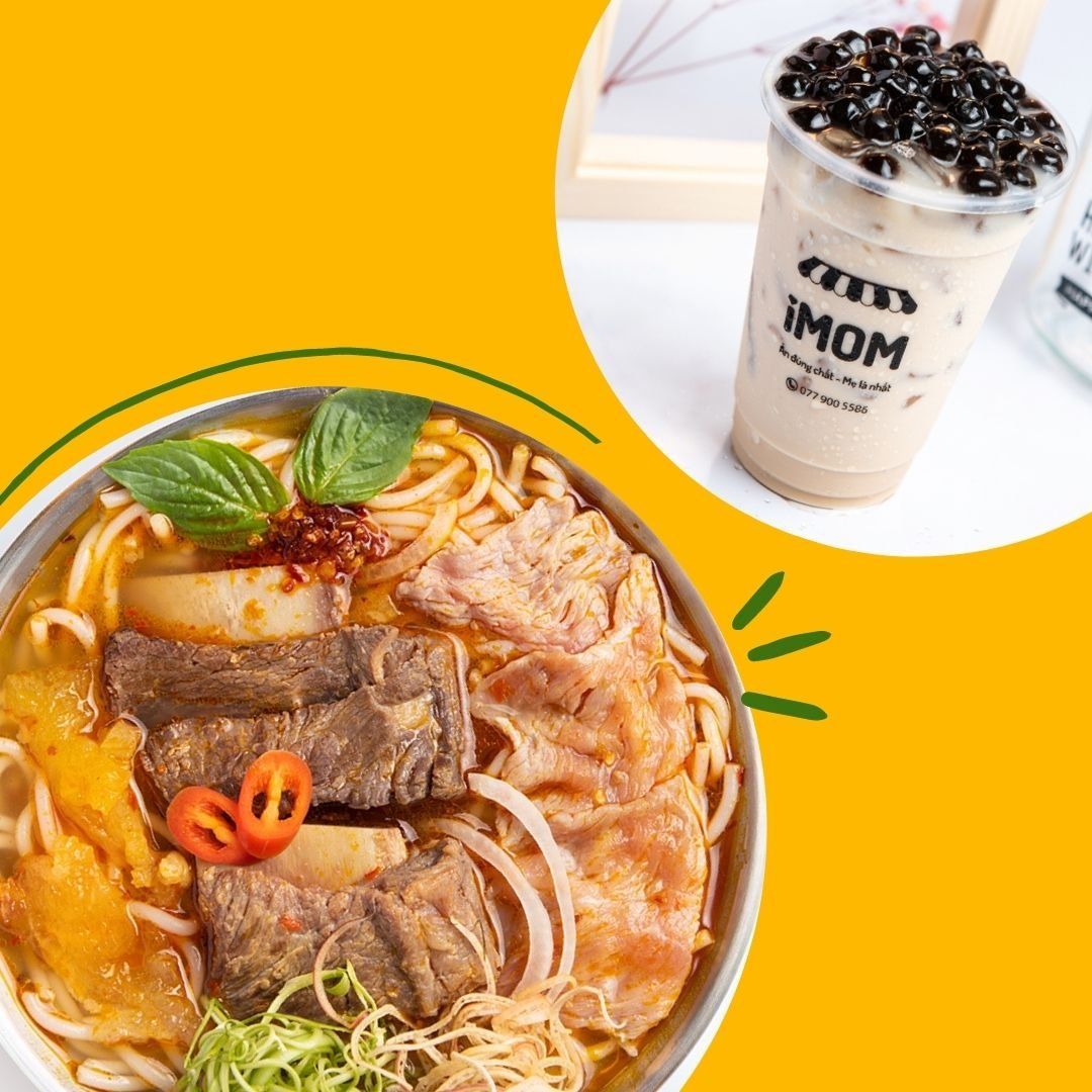 Bún Bò Huế sườn sụn tái gân + Trà Sữa trân châu iMOM (M)