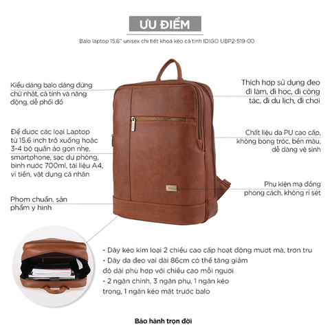 Balo laptop 15.6” unisex chi tiết khoá kéo cá tính IDIGO UBP2-519-00 hình usp 