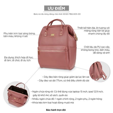 Balo nữ đa năng dáng chữ nhật IDIGO FB2-605-00 