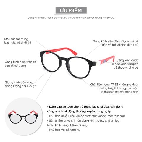 Gọng kính thời trang trẻ em siêu nhẹ chống trầy Jaliver Young -P850-00 