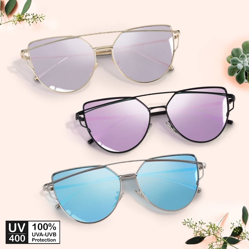 Mắt kính mát nam nữ mắt mèo tráng gương gọng kính kim loại trang trí viền UV400 Jaliver Young SM - 6049