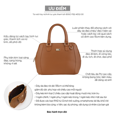Túi xách tay nữ hình lục giác thanh lịch IDIGO FB2-4302-00 hình usp 