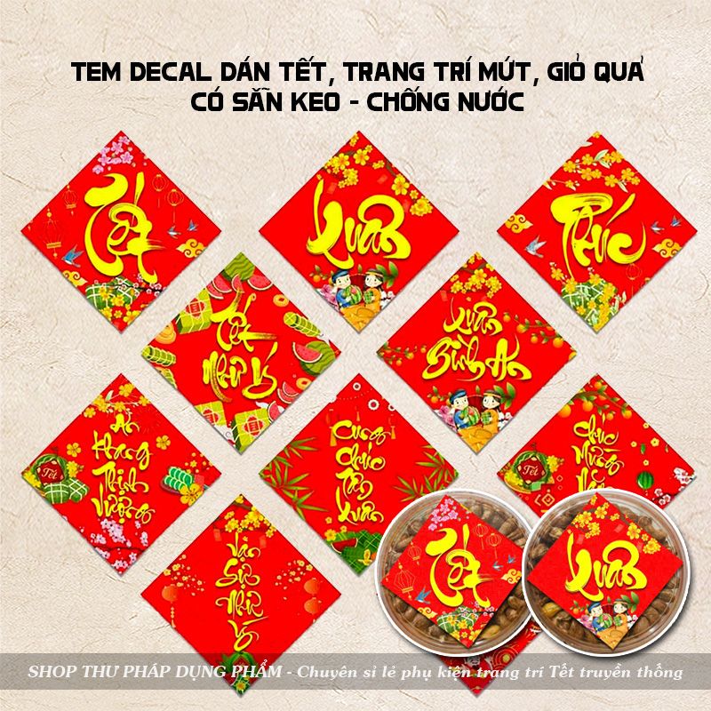 Tem dán hộp quà decal dán trang trí mứt giỏ quà hoa quả trang trí Tết ...