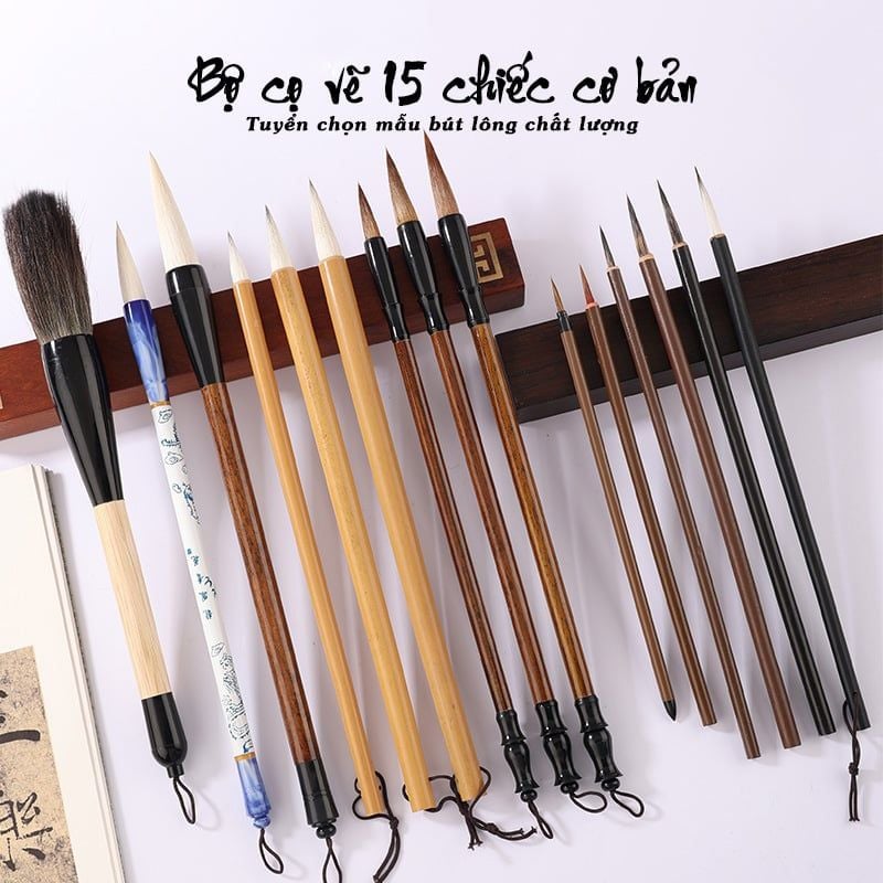 Bộ bút lông bộ cọ vẽ tranh thủy mặc 15 bút cao cấp tặng mành cuộn bút