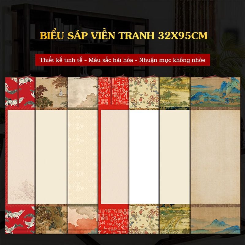 Biểu liễn thư pháp giấy xuyến chỉ nhuộm sáp viền tranh 32x95cm