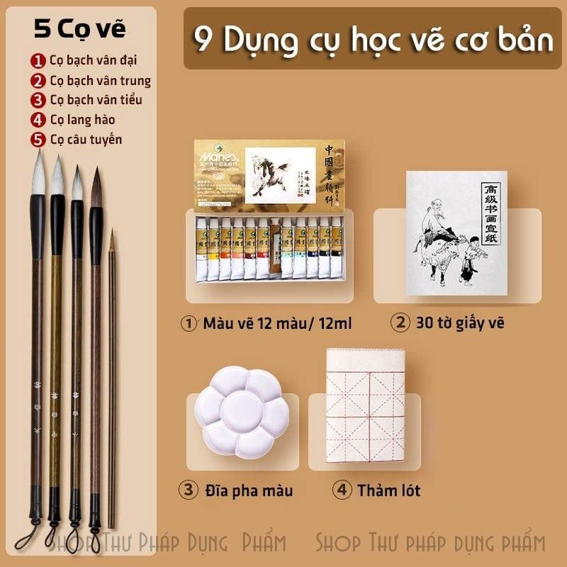 Bộ combo vẽ tranh thủy mặc cho người mới bắt đầu 9SP