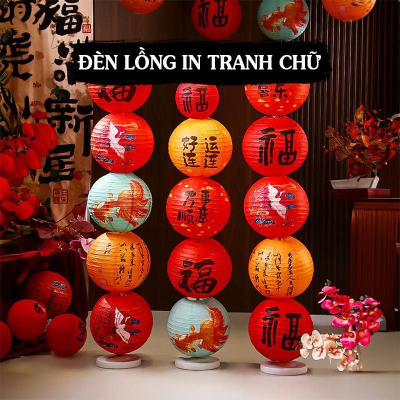 Đèn lồng đỏ IN TRANH CHỮ thư pháp treo trang trí tết, sự kiện nhà hàng