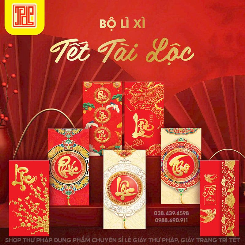 Bao lì xì chữ thư pháp mẫu mới xuân Ất Tỵ 2025 Thư Pháp Dụng Phẩm