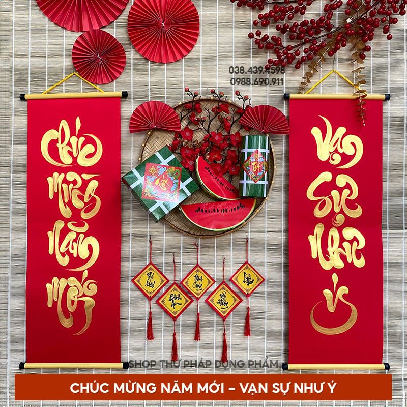 Câu đối tết giấy nhung 4 chữ, 7 chữ trang trí tết ông đồ viết tay VH1