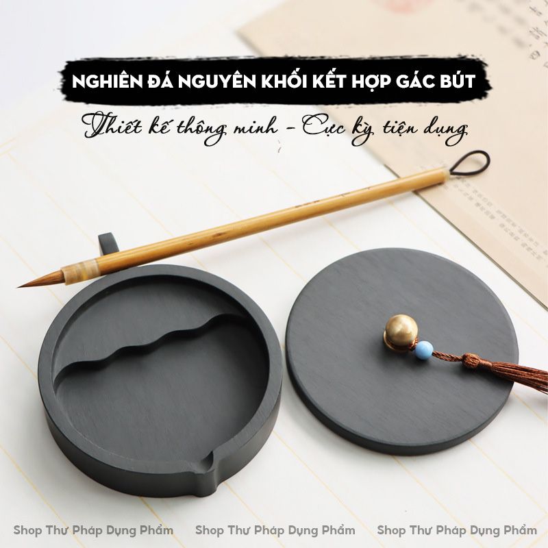 Nghiên mực đá nguyên khối kết hợp gác bút thông minh, nghiên viên chì