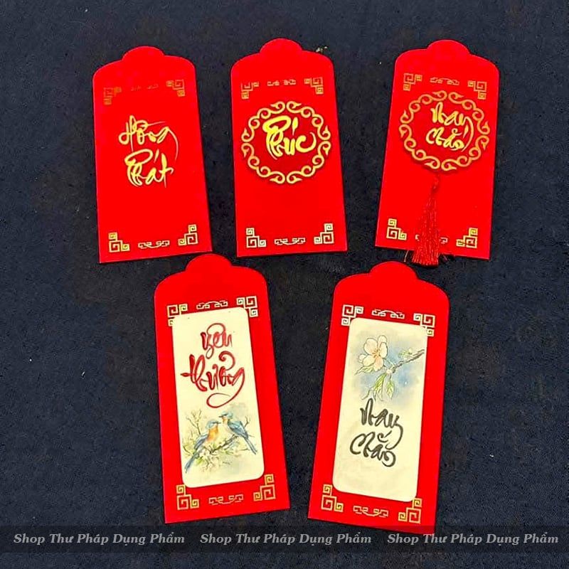 Tổng hợp phôi lì xì đỏ vàng viết thư pháp và phụ kiện kết hợp (set 10 chiếc)