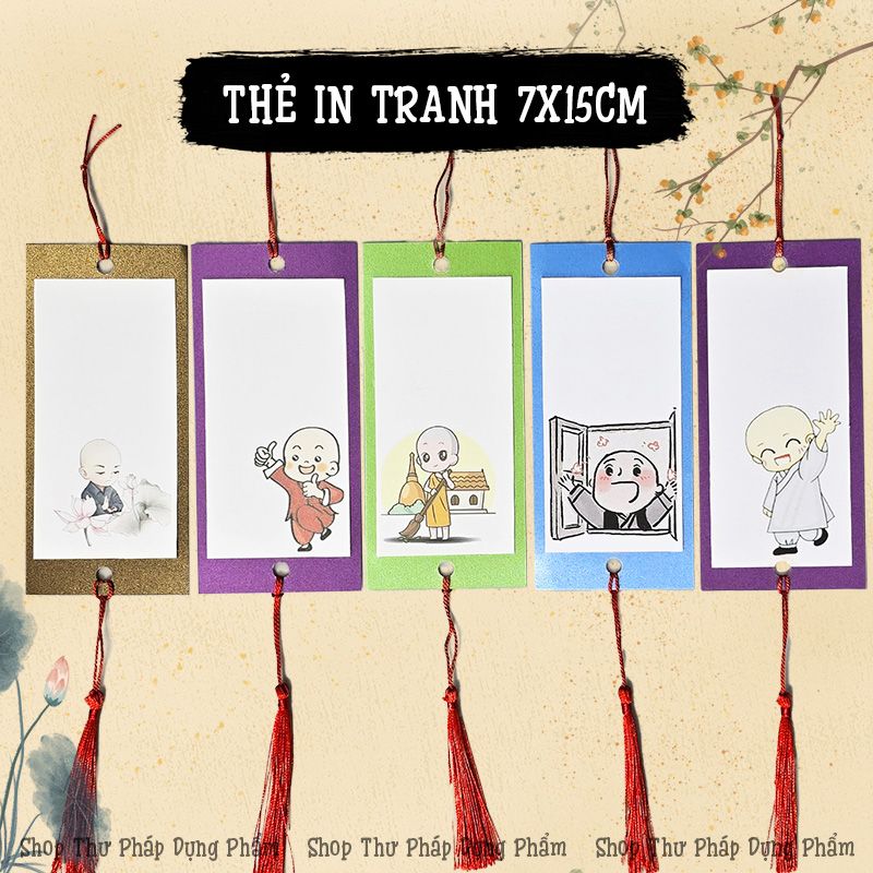 Thẻ thư pháp treo trang trí giấy mỹ thuật in hình chú tiểu, hoa điểu (Set 30 chiếc)