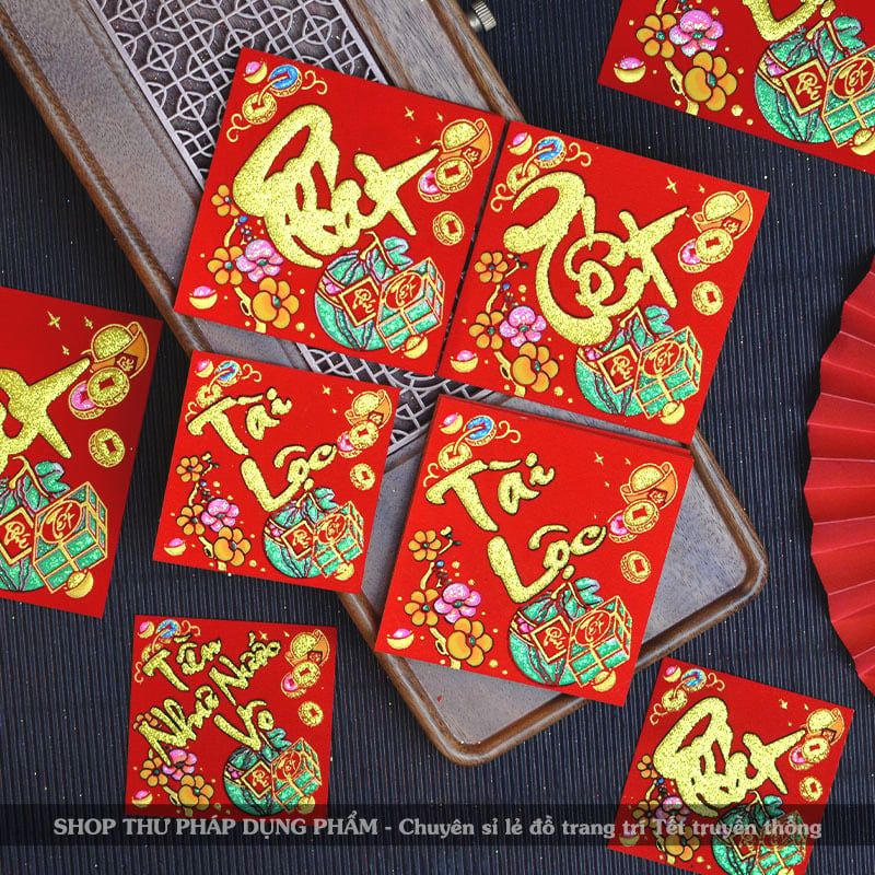 Thẻ chữ thư pháp nhung đỏ sẵn keo dán trang trí Tết