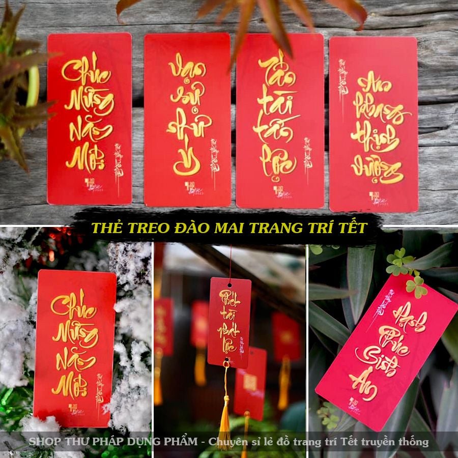 Thẻ giấy treo đào mai trang trí tết, thẻ giấy thư pháp kèm dây treo tua rua 5.5x12cm (25 thẻ) LT3