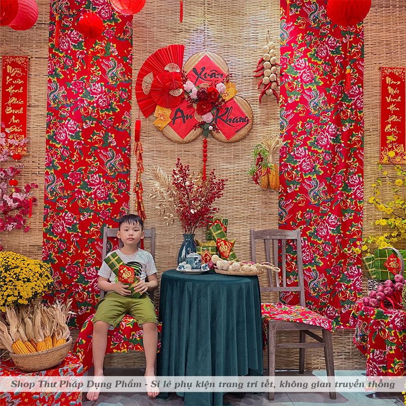 Vải chăn con công trang trí tết decor không gian truyền thống, trải bàn