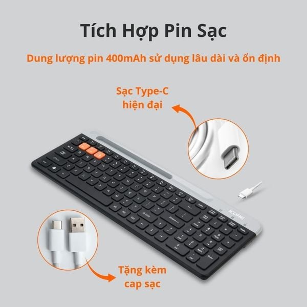Bàn Phím Không Dây Bluetooth iCore IBK100 – Thiết Kế Tinh Tế, Đa Kết Nối, Giá Cực Tốt