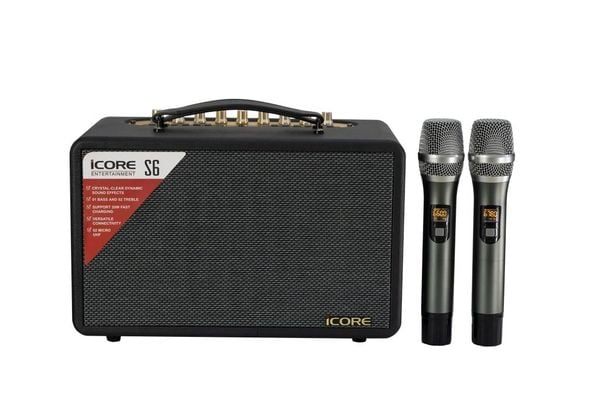 Bộ Loa Karaoke Xách Tay iCore S6 Kèm 02 Micro – Thiết Kế Retro, Âm Thanh Cực Đỉnh, Giá Tốt Nhất