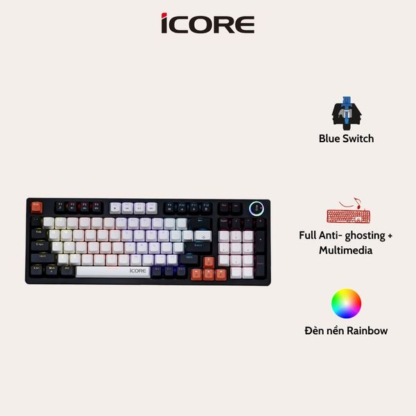 Bàn Phím Cơ Có Dây iCore ICK10 – Blue Switch Bền Bỉ, Đèn Rainbow Ấn Tượng, Giá Tốt