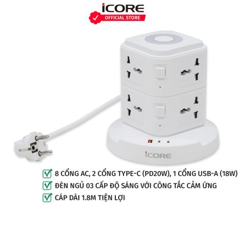 Ổ Cắm Điện Tích Hợp Củ Sạc Nhanh và Đèn Ngủ iCore ITS100C