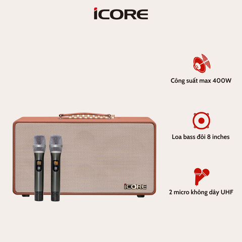 Loa Karaoke Xách Tay iCore S8 Kèm 2 Micro UHF Cao Cấp – Âm Thanh Stereo Cực Hay, Giá Tốt