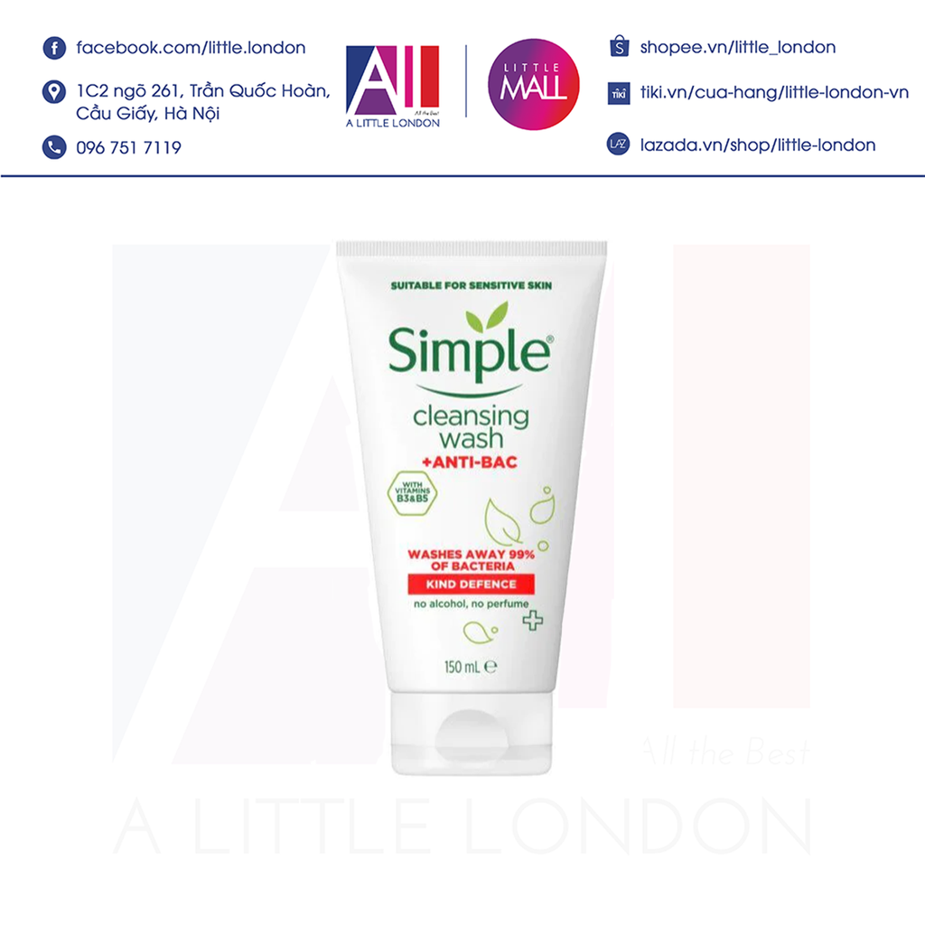 Sữa rửa mặt Simple Kind Defence Cleansing Wash + Anti Bac 150ml (Bill Anh)