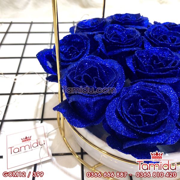 Giỏ Tròn Mạ Vàng Kim Tuyến 12 Bông Siêu Cấp Màu Xanh