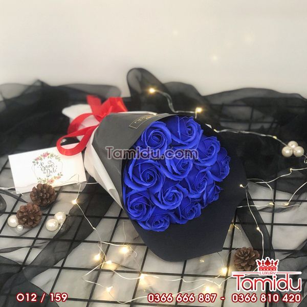 Bó Hoa Hồng Sáp Thơm 12 Bông Màu XANH COBAN Cao cấp