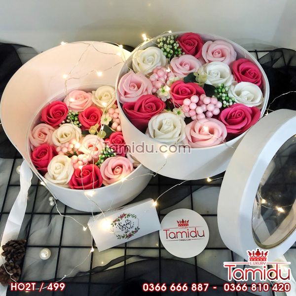 Hộp Trụ Tròn 2 Tầng Hoa Hồng Sáp Thơm Cao Cấp