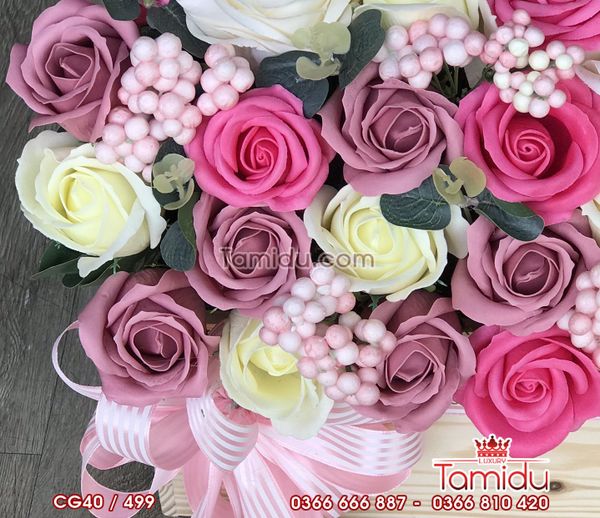 Chậu Gỗ Hoa Hồng Sáp Thơm Cao Cấp