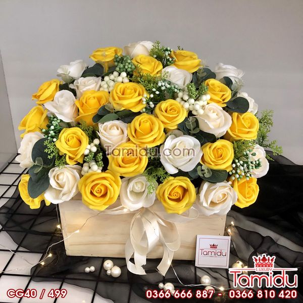 Chậu Gỗ Hoa Hồng Sáp Thơm Cao Cấp Màu Vàng phối Trắng