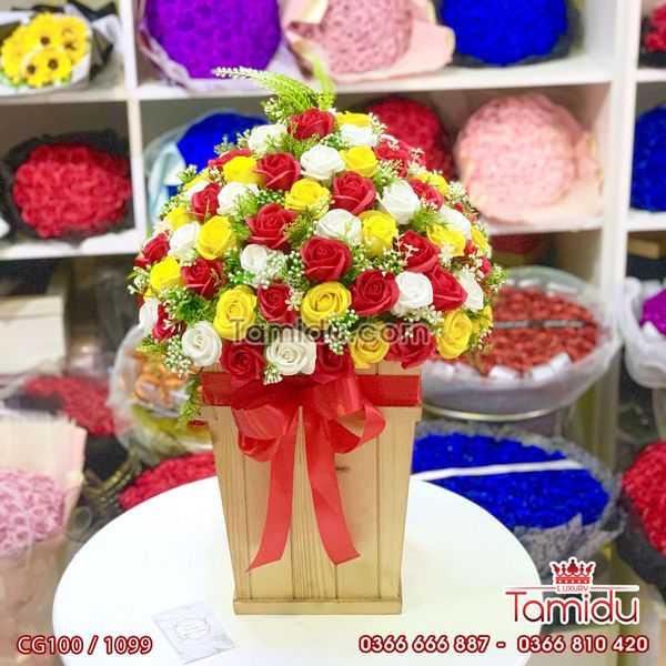 Chậu Gỗ Hoa Hồng Sáp Tông Đỏ Vàng Cao Cấp