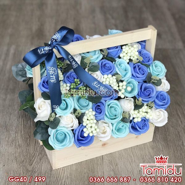 Giỏ Gỗ Hoa Hồng Sáp Thơm Cao Cấp Màu Xanh