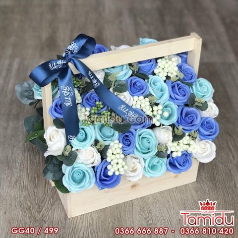 Giỏ Gỗ Hoa Hồng Sáp Thơm Cao Cấp Màu Xanh