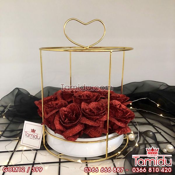 Giỏ Tròn Mạ Vàng Kim Tuyến 12 Bông Siêu Cấp Màu Đỏ