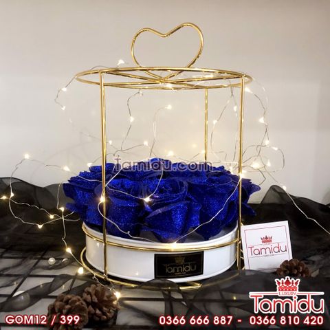 Giỏ Tròn Mạ Vàng Kim Tuyến 12 Bông Siêu Cấp Màu Xanh