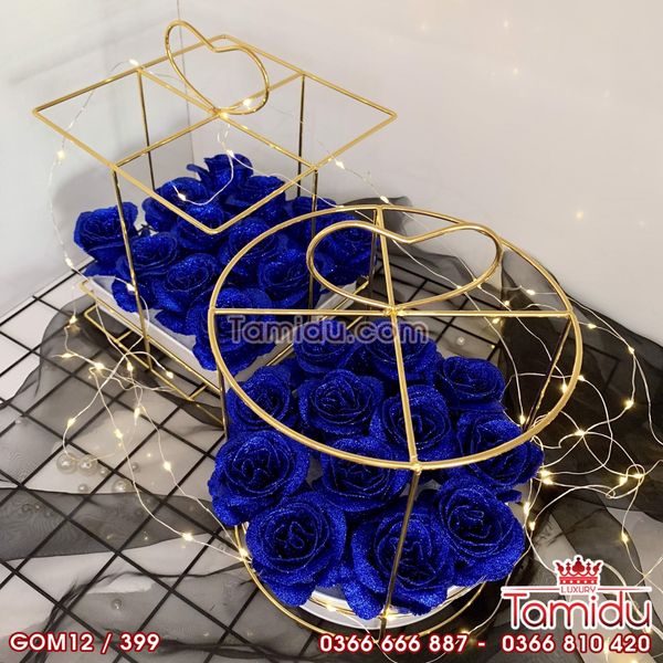 Giỏ Tròn Mạ Vàng Kim Tuyến 12 Bông Siêu Cấp