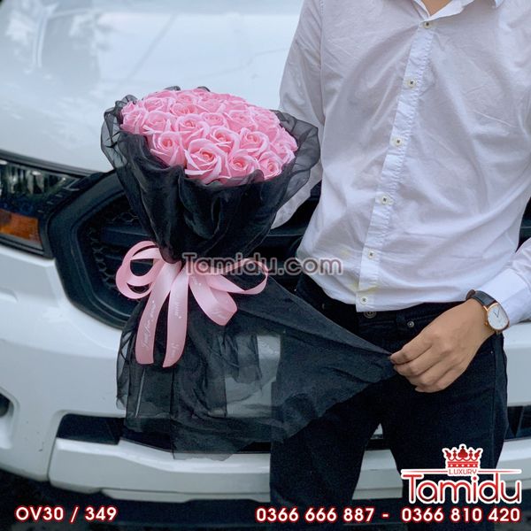 BÓ HOA HỒNG SÁP THƠM VĨNH CỬU TRÒN 30 BÔNG MÀU HỒNG CAO CẤP BỌC VOAN