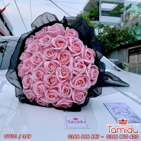 BÓ HOA HỒNG SÁP THƠM VĨNH CỬU TRÒN 30 BÔNG MÀU HỒNG CAO CẤP BỌC VOAN