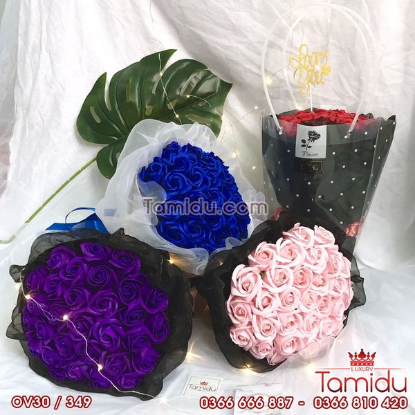 BÓ HOA HỒNG SÁP THƠM VĨNH CỬU TRÒN 30 BÔNG CAO CẤP BỌC VOAN