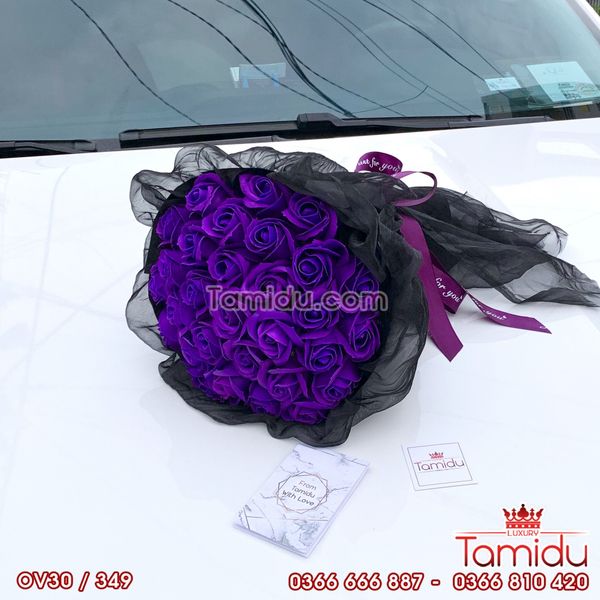 BÓ HOA HỒNG SÁP THƠM VĨNH CỬU TRÒN 30 BÔNG MÀU TÍM CAO CẤP BỌC VOAN