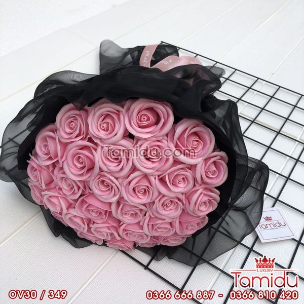 Bó Tròn Hoa Hồng Sáp Thơm 30 Bông Màu Hồng Bọc Voan