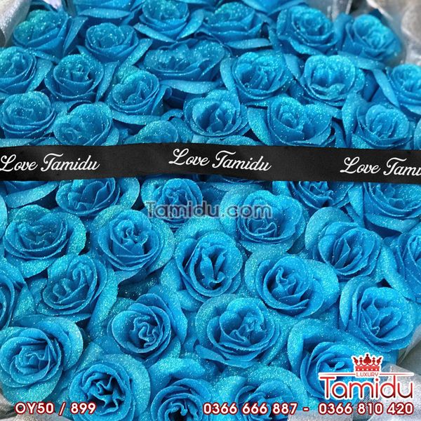 BÓ HOA SÁP KIM TUYẾN 50 BÔNG MÀU XANH THIÊN THANH