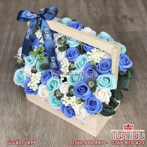 Giỏ Gỗ Hoa Hồng Sáp Thơm Cao Cấp Màu Xanh