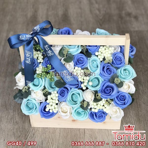 Giỏ Gỗ Hoa Hồng Sáp Thơm Cao Cấp Màu Xanh