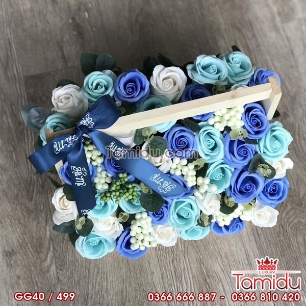 Giỏ Gỗ Hoa Hồng Sáp Thơm Cao Cấp Màu Xanh