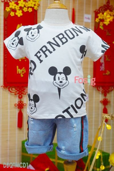  [11-13kg] Set Đồ BỘ Ngắn Bé Trai - Trắng Mickey Chữ Đen 