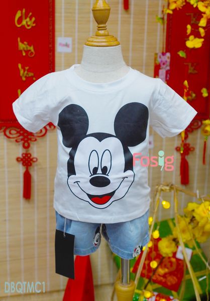  [10-11kg] Set Đồ Bộ Ngắn Bé Trai - Trắng Mickey Cười 