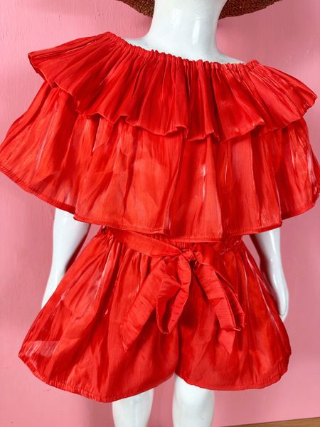  [9-21kg] Set Bộ Áo Nhúng Trễ Vai organza Và Chân Váy Bé Gái - Đỏ 