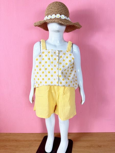  [15-20kg] Set Bộ Ngắn 2 Dây Bé Gái - Vàng Kem Hoa 